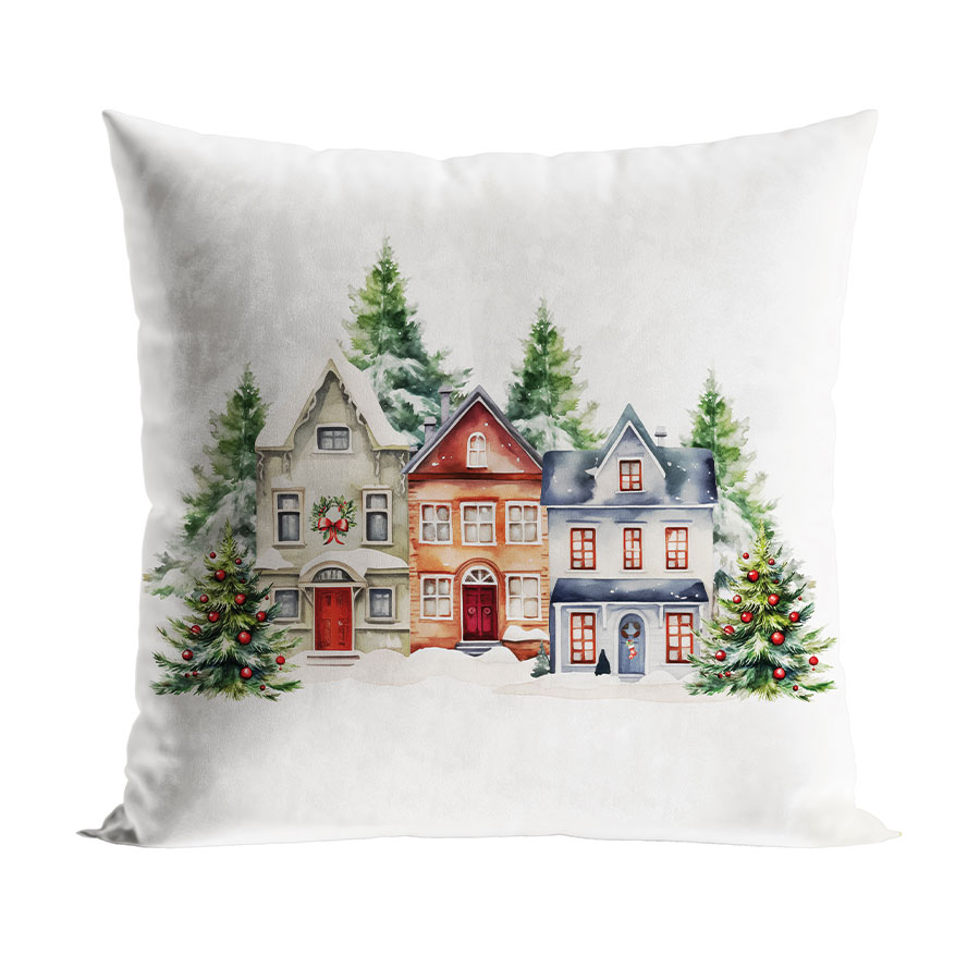 POSZEWKA ŚWIĄTECZNA VELVET ZIMOWE MIASTECZKO 40x40cm biało zielona