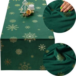 BIEŻNIK ŚWIĄTECZNY VELVET ŚNIEŻKI 40x140cm szmaragd ze złotym zdobieniem