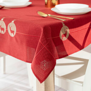 OBRUS ŚWIĄTECZNY Z HAFTEM BŁYSZCZĄCY RENIFER 140x180cm czerwony