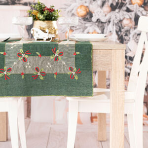BIEŻNIK ŚWIĄTECZNY Z HAFTEM KOKARDKI 40x140cm zielony