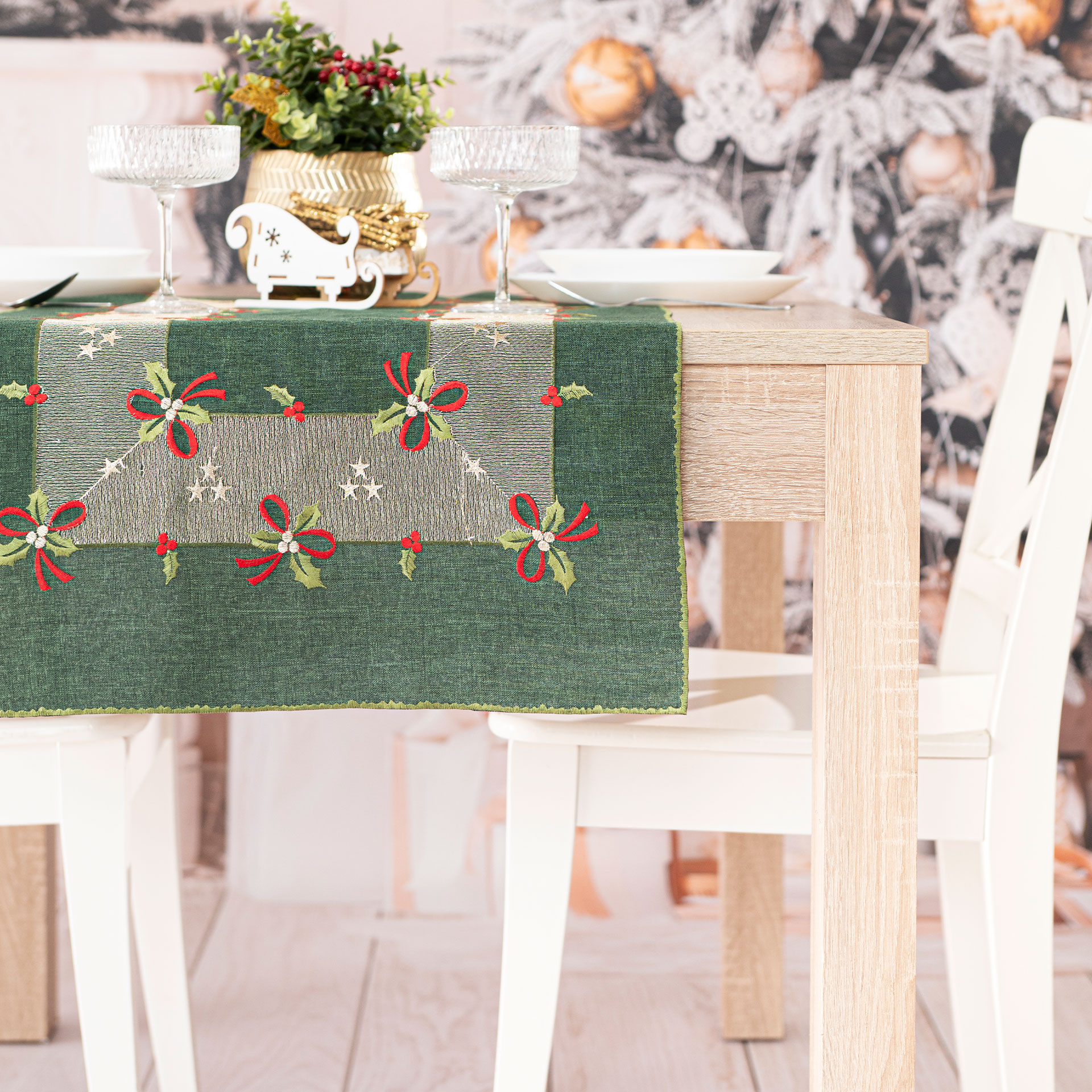 BIEŻNIK ŚWIĄTECZNY Z HAFTEM KOKARDKI 40x140cm zielony