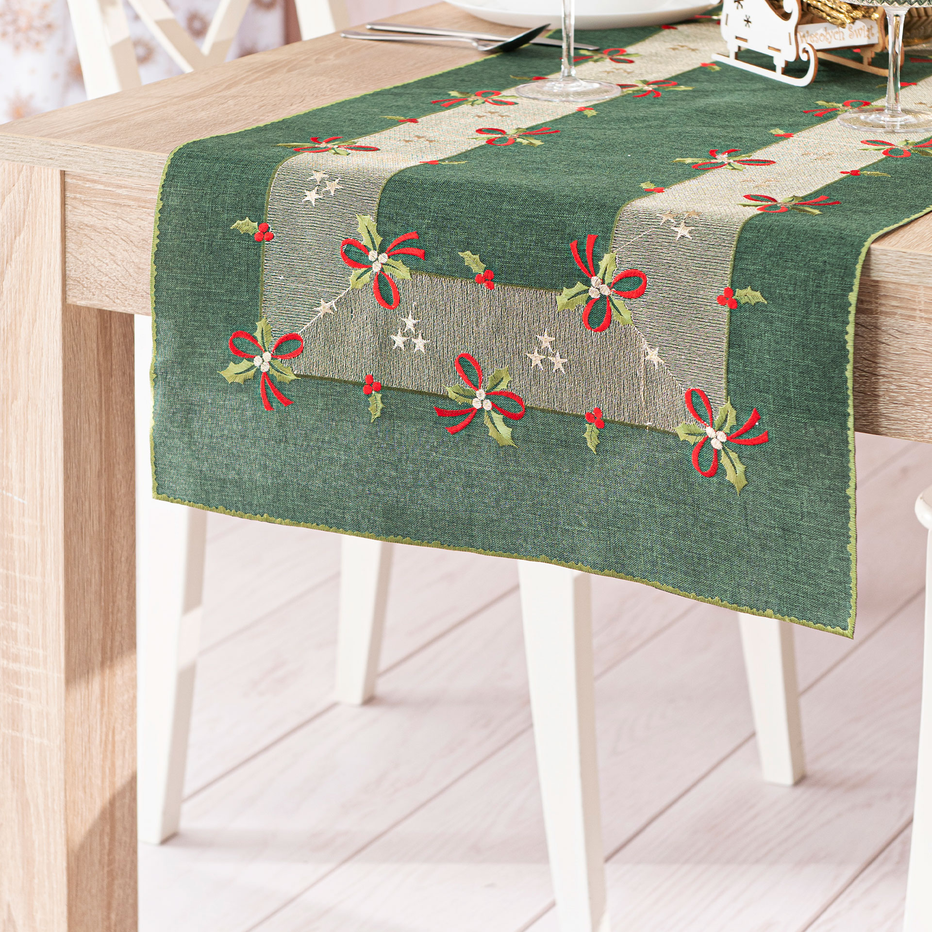 BIEŻNIK ŚWIĄTECZNY Z HAFTEM KOKARDKI 50x100cm zielony