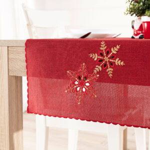 BIEŻNIK ŚWIĄTECZNY Z HAFTEM ŚNIEŻYNKI 40x140cm czerwony