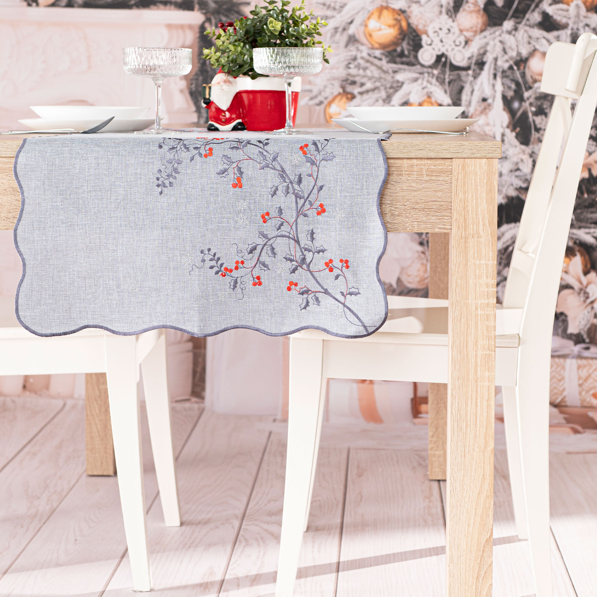 BIEŻNIK ŚWIĄTECZNY Z HAFTEM JARZĘBINA 40x140cm szary